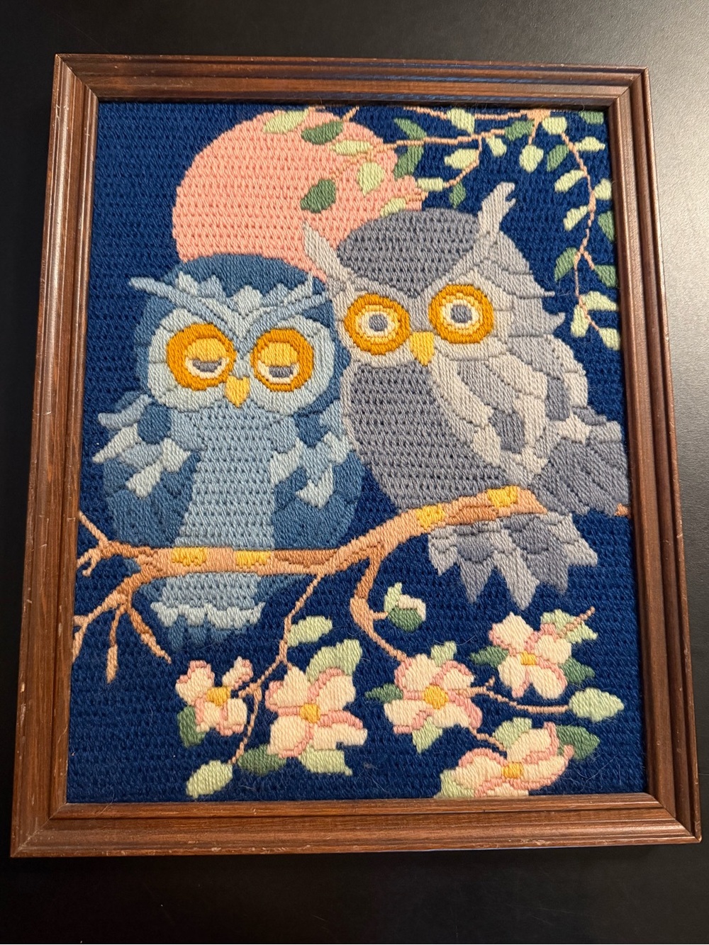 Vintage Framed Crewel Needlepoint Owl & Moon & Dogwood Flowers